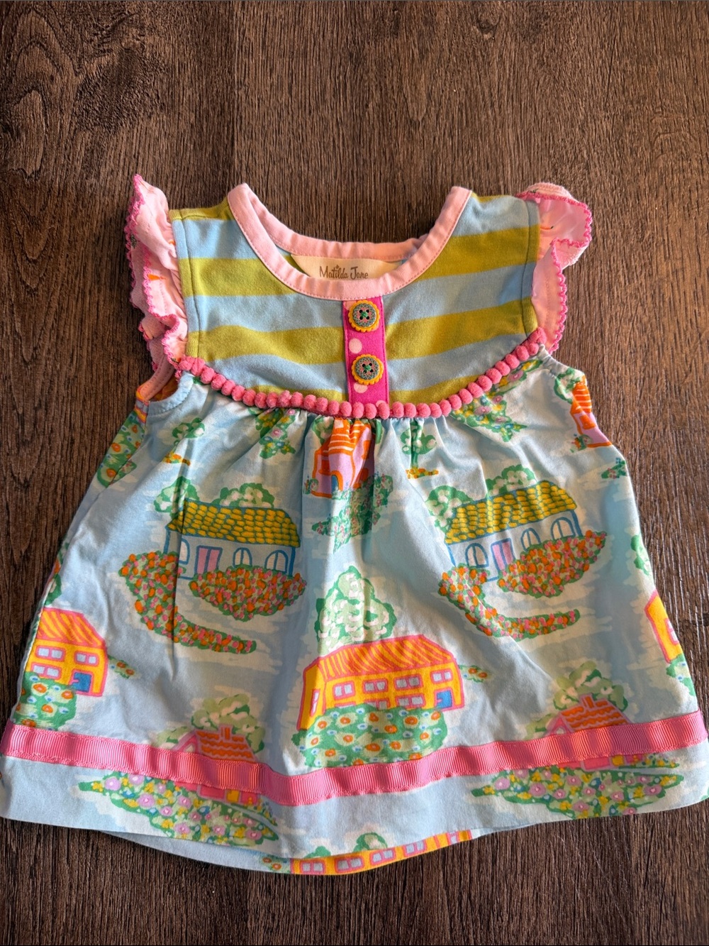Matilda Jane Pastel Blue Dress with Pink & Yellow houses Accents 3/6m